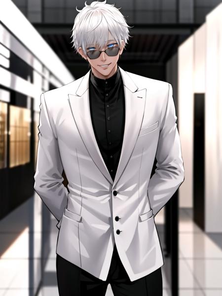 <lora:gojo-000010:0.7> ,  1boy, Gojo, a man with white hair and black round sunglasses, posing for a picture, black business suit, black tie, blue eyes, smirking, teeth visible, cowboy shot  , (masterpiece:1.4),(best quality:1.4),(shiny skin),realistic, east asian architecture background, <lora:dishwasher1910Style_v10:0.5> , detailed eyes, detailed face,