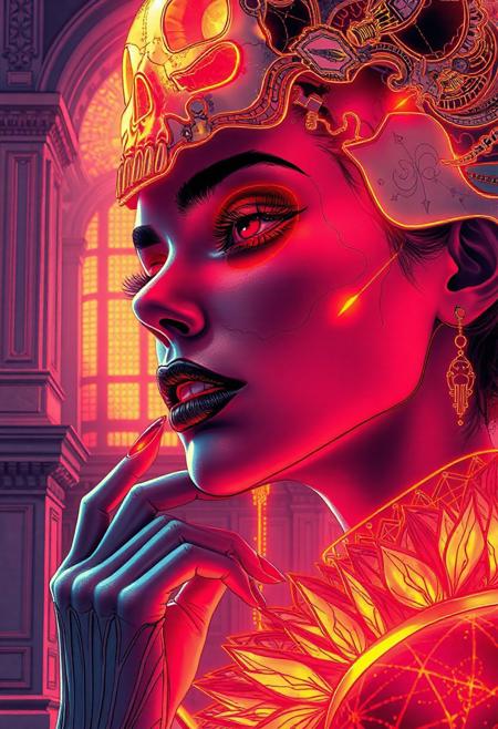 A highly detailed, intricate line-art illustration in the style of Steve McDonald. Detailed hyper realism in the visible body parts (face, hands, legs).
3D rendering, face close-up, CG high model, Elegant [goth ] with neon glowing makeup and a holographic skull headdress, in a [red and gold] cyberpunk aesthetic, dark fantasy, anime-style, illuminated by soft neon lighting
, acrylic painting in style Adam Hughes.
The composition features mesmerizing line work, fine architectural detailing in the background, and a play of light and shadow through intricate hatching. The overall aesthetic is serene, introspective, and dreamlike, blending realism with a highly structured, almost meditative pattern-based design.