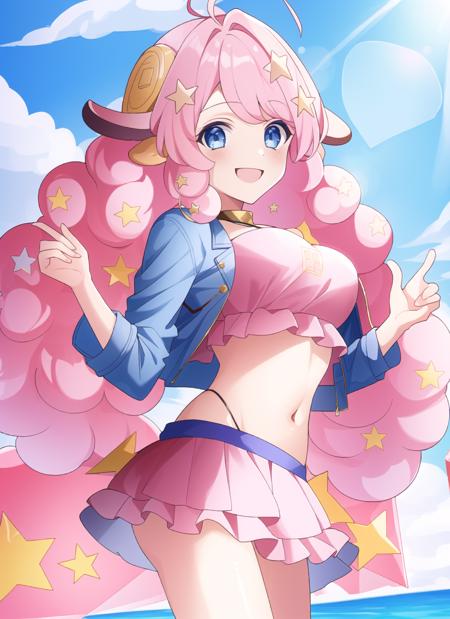 (masterpiece:1.3), (best quality:1.2),1girl,solo,pink hair,long hair,star (symbol),hair ornament,blue eyes,star hair ornament,horns,animal ears,smile,sheep horns,ahoge,bikini sukajan open jacket bucket hat