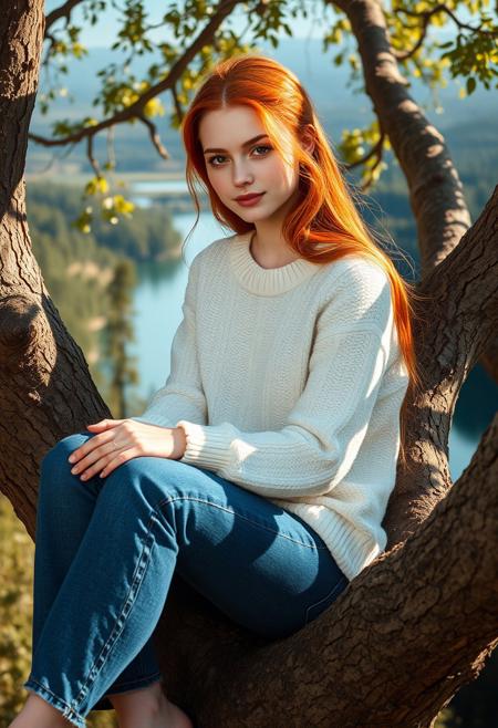 A surreal and hyper-realistic scene featuring a classical beauty with beautiful ginger hair, wearing blue jeans and a white jumper. The intricate details of her attire are highlighted, set against a dreamy, ethereal lake background. The scene is illuminated with soft, magical lighting, enhancing the otherworldly and enchanting atmosphere, sitting in a tree overlooking the forest and lake. It is sunny.
surreal, hyper-realistic, classical beauty, blue jeans, white cozy jumper, beautiful (dark brown) eyes, pale white skin, pale skin, freckles, intricate details, dreamy background, ethereal, warm magical lighting, warm lighting, enchanting, visually stunning, high quality, detailed, sharp clarity, breathtaking, elegant, graceful, relaxed, small gentle smile, cute, redhead, sexy, 
looking at viewer, long hair, pretty girl, small medium breasts, beautiful girl,