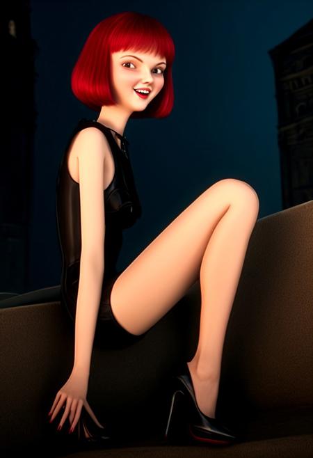 Cinematic film still woman, 18yo, short dark red hair, seductive, slim body, small waist, short black mini dress with red gothic motives, black high heels, long legs, round face, puffed cheeks, round cheeks, small face, small head, head tilted slighly up, thin lips, lip biting, winking, solo, pale skin, curvy body, athletic body, blush, slim waist, flirty smile, seductive smirk, night club background, serene, untouched beauty, clear, lively, full body accent, neck long straight deep crimson hair, soft natural makeup, goddess, brown eyes, sitting one leg over another leg, sitting leaning backwards, 
cinematic lighting, vignette, highly detailed, high budget, cinemascope, moody, epic, gorgeous, film grain, grainy, high angle shot, looking and smirking straight att the camera,