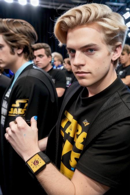 a blonde man at the comicon convention, posing in a (black starwars shirt), crowded, people in the background, looking at camera, upper body, (candid, amateur), (raw, 8k, uhd, fujifilm xt3), <lora:sprouse:1>