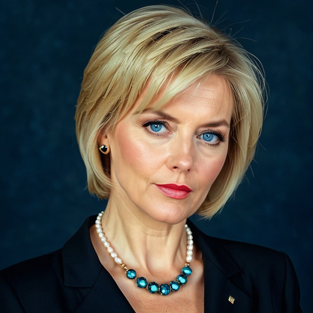 analog film softness, full color, high resolution RAW photograph, 8k resolution, 1woman, bobcut80s haircut, mature woman, 1woman, milf-lawyer, professional head shot, solo, jewelry, blonde hair, realistic, blue eyes, necklace, simple black background, looking at viewer, sexy suggestive look on her face, uncensored,