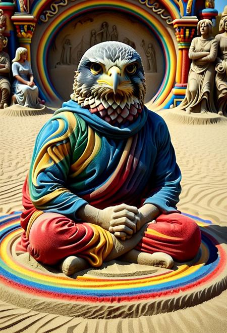 (score_10, score_9_up, score_8_up, score_7_up,), <lora:EnvyStarlightSwirlOilPainting01:1.25:hr=2>oil painting of a ((colorful sand sculpture, body suit, (sand texture) a statue made of swirling sand of a human body with the big head of a Peregrine Falcon:1.2)), ((sitting cross-legged on a multicolored sand throne surrounded by sand castles:1.2)). masterpiece, extreme detail, HD, statue, sculpture,
BREAK
dunes exterior, Extremely detailed 8K wallpaper, extremely detailed character, magical atmosphere, ultra high resolution, <lora:Batfalcon:1.5>, <lora:peregrine falcon:1.1>, <lora:statue:1.5>