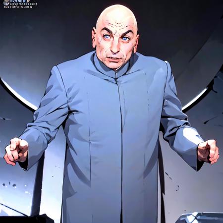 a man standing in his evil lair((full body))<lora:DrEvilLoRA:1> drevil bald with scar on his right cheek, grey coat, (((meme))), high detail skin, high detail eyes, high detail hair, highres, ultra detailed, detailed pores, imperfect skin, detailed reflective shiny skin, diffused skin pores,sharpen picture, Highly detailed, masterpiece, best quality, photorealistic,