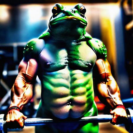 A strong frog with her own image tattooed on chest lifts weights easily in a gym full of other animal bodybuilders,(8k, RAW photo, best quality, Masterpiece:1.2), (realistic, photo-realistic:1.37), full body, exercise background.