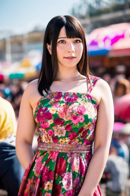 A stunning intricate full color portrait of a woman,wearing a floral dress, crowded fairground, having fun, epic character composition,by ilya kuvshinov, alessio albi, nina masic,sharp focus, natural lighting, subsurface scattering, f2, 35mm, film grain , portait, very detailed skin texture   <lora:AiUehara:1>