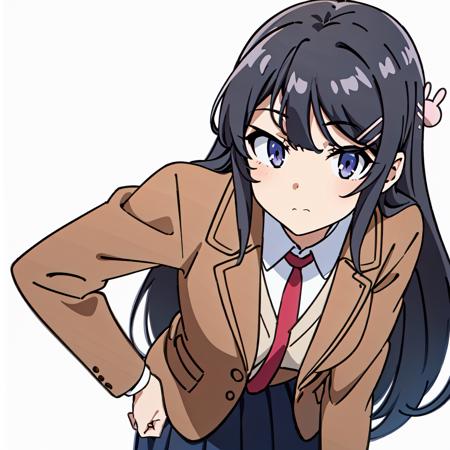 sakurajima mai,  mai-san, <lora:mai:0.7>, masterpiece, high quality,  1girl, solo, long hair, looking at viewer, blush, smile, skirt, simple background, shirt, black hair, hair ornament, long sleeves, white background, closed mouth, school uniform, standing, purple eyes, jacket, full body, white shirt, pantyhose, pleated skirt, necktie, shoes, hairclip, collared shirt, blue skirt, hand on hip, black pantyhose, brown footwear, blazer, red necktie, loafers, brown jacket, rabbit hair ornament