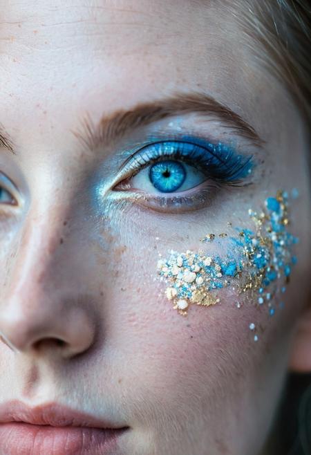 Close-up photography of a woman with blue eyes and expressive gaze, splashes of silver and gold pigments on her face. Pale skin with a few freckles. Background is slightly blurred, ethereal and enchanting atmosphere.