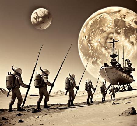 futurama, whalers on the moon , carrying harpoons  ,vintage, sepia tone  , vignette , low quality, earth rise in background