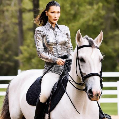 a photo of Bella Hadid riding a horse, best quality <lora:bellahadid_SDXL:0.8>