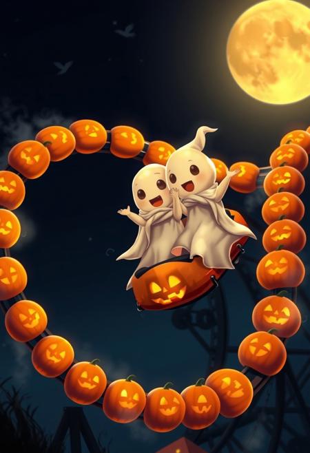 A hyper-stylized image of a couple of cute Halloween ghosts, riding in a Jack-O-Lantern Rollercoaster. The ghosts are tiny, translucent figures with adorable, smiling faces and flowing, white sheets with a few subtle, ghostly tears and tatters. The rollercoaster is a twisting, turning track of carved, glowing pumpkins, with a few wispy, ghostly strands of fog and mist adding to the overall sense of spooky, supernatural charm. The ghosts are holding hands and screaming with delight as they crest a hill and plummet down a steep, pumpkin-lined drop. The background is a deep, midnight blue, with a few subtle, starry patterns and a full moon hanging low in the sky. The overall effect is one of eerie, whimsical fun, as if the ghosts are enjoying a thrilling, supernatural ride. highest-Quality, intricate details, visually stunning, Masterpiece