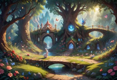 (Isekai anime style.Anime coloring.(0.9))In a whimsical world, a beautiful fairy garden blooms with vibrant flowers and sparkling fountains. A delicate, crystal bridge spans a gentle stream, leading to a majestic tree with leaves that shimmer like diamonds. A friendly, fluffy rabbit hops along the winding path, surrounded by fluttering butterflies and sweet, singing birds. The garden is filled with hidden treasures, like a tiny, glowing fairy door and a secret, shimmering cave. A soft, fluffy cloud drifts lazily across the sky, casting a warm, gentle shadow over the garden. The air is filled with the sweet scent of blooming flowers and the soft, soothing sound of gentle chimes. It's a peaceful, magical place where dreams come alive and wonder waits around every corner.master_class,master_piece,up_8,up_9,perfect beautiful,perfect beautiful early morning light.
