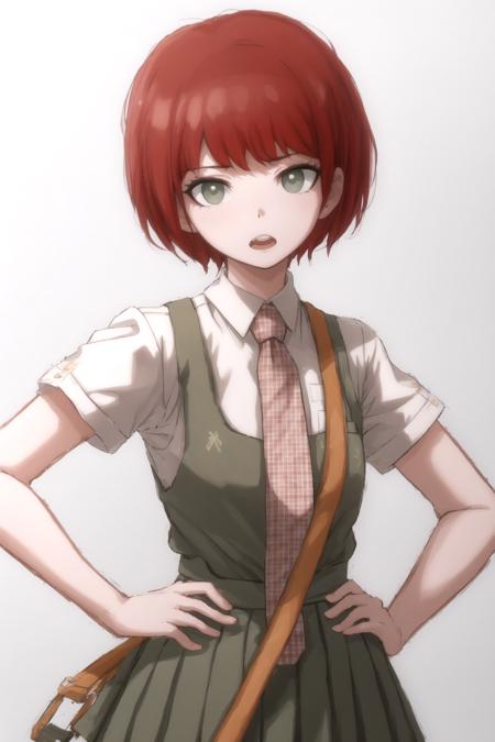 masterpiece, best quality, highres, <lora:mahiruDG:0.9>, mahirudg, 1girl, solo, necktie, plaid necktie, open mouth, hands on hips, shirt, simple background, dress, short sleeves, white background, green dress, teeth, looking at viewer, white shirt, upper teeth only, collared shirt, pinafore dress, plaid, cowboy shot, school uniform, skirt