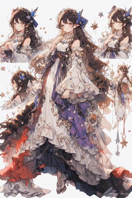 (masterpiece:1.2), best quality,PIXIV,purple dress, 
1girl, long hair, dress, solo, dark background, very long hair, star (symbol), simple background, full body, white dress, standing, holding, brown hair, hair ornament, long sleeves, wavy hair, bangs, brown eyes, detached sleeves, looking at viewer, sleeves past wrists, jewelry, yellow eyes
 <lora:fairy tale girl_20230711162639:1>