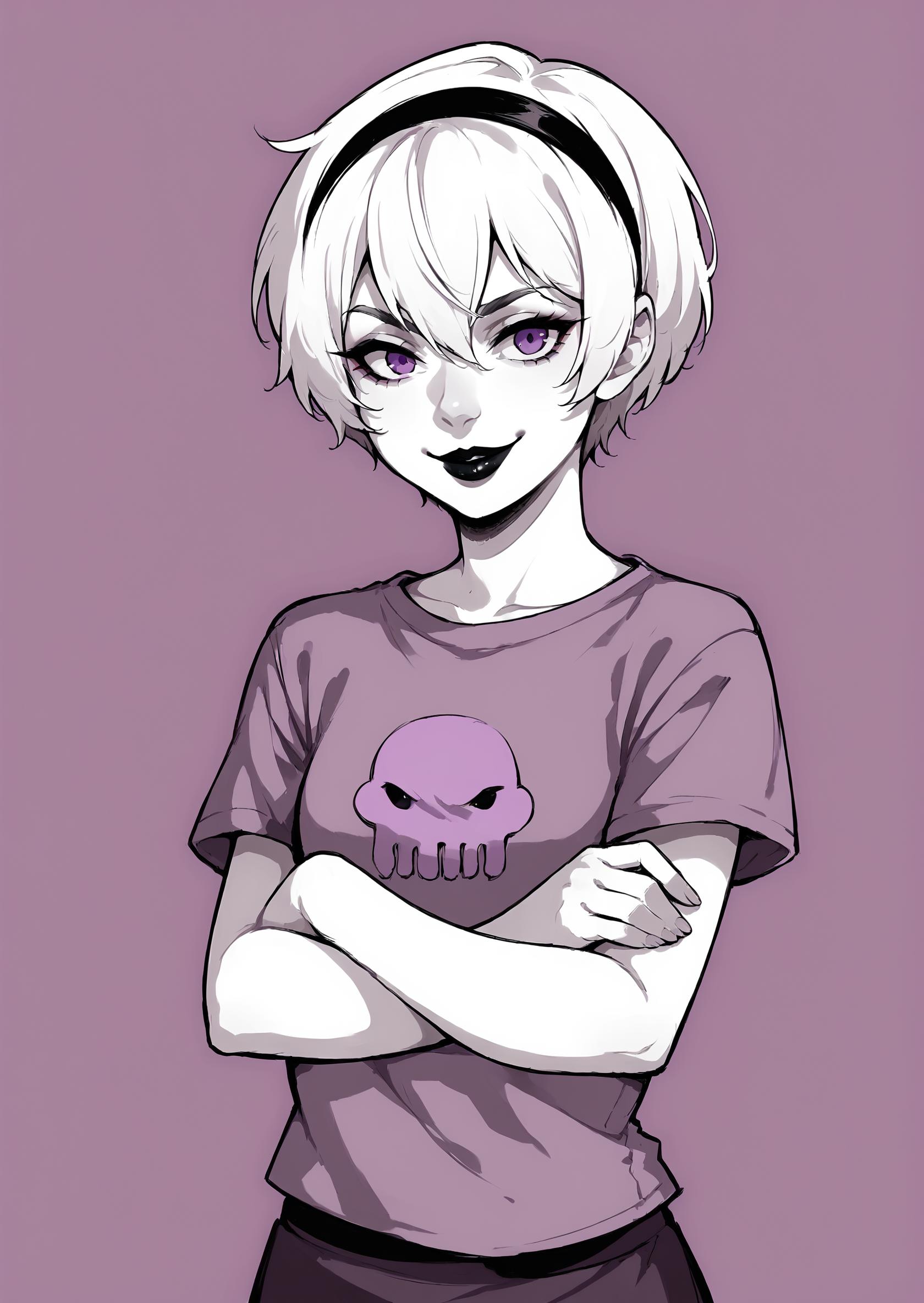 core_9, score_8_up, score_7_up, score_6_up, score_5_up, score_4_up,  1girl, white hair, black hairband, black lips, purple eyes, shirt print, <lora:Rose_Lalonde_-_outfits:0.8>, rosestart, shirt print, 1girl, solo, smile, short hair, simple background, shirt, hair between eyes, monochrome, short sleeves, hairband, lips, makeup, crossed arms, lipstick, t-shirt, purple theme, BREAK source_anime