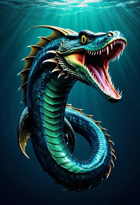 sea serpent alot of detail swimming fast to catch its prey scary design sleek background beautiful colors with a creature in its mouth from the deep sea