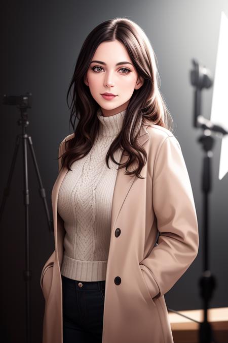 a woman in winter clothes  poses for a picture in a studio setting with a neutral background and a neutral backdrop,, ultra realistic digital art, a character portrait, photorealism