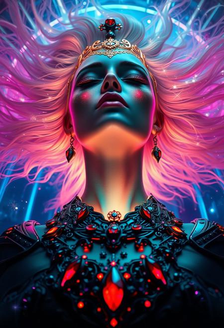 A surreal and ethereal cyber-fantasy portrait of a regal woman in a trance-like state, viewed from below. She has luminous, glowing skin in rich tones of rainbow, with intricate golden filigree and gem-like elements adorning her face and forehead. Her flowing hair radiates outward like a celestial nebula, embedded with sparkling lights and magical particles. Her eyes are glowing and closed, exuding mysticism. Her neck and chest are adorned with an elaborate ornamental bio-mechanical collar made of elegant dark metal and pulsating crimson gems, resembling a living piece of art. The background features a high-tech, crystalline containment chamber bathed in neon pink, violet, and electric blue light, with faint energy streams and floating sparkles, evoking a sci-fi-meets-fantasy atmosphere.
<lora:DarkGhibliMJ7:0.7>,
<lora:Dever_Flux_Enhancer:0.5>, 
<lora:Artify´s Fantasy and Sci-Fi Art Flux:0.5> ,
<lora:ck-Neon-Retrowave:0.3>,