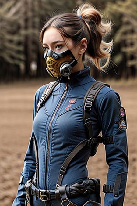 masterpiece, best quality, highres, 1girl twintails hair ribbon, bodysuit <lora:kikoru_shinomiya:1> hand on hip, simple background, smile, cowboy shot, gas mask, looking at viewer, realistic, realism, 8k ,  white long hair, blue eyes, very high definition, realistic color
