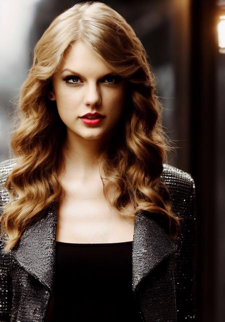 taylor swift (sharp focus:1.2), photo, attractive young woman, (beautiful face:1.1), detailed eyes, luscious lips, (winged eyeliner:0.85), (tight body:1.2), (dark hair:1.2), wearing (jacket:1.2) at a (shop:1.2). (moody lighting:1.2), depth of field, bokeh, 4K, HDR. by (James C. Christensen:1.2|Jeremy Lipking:1.1).