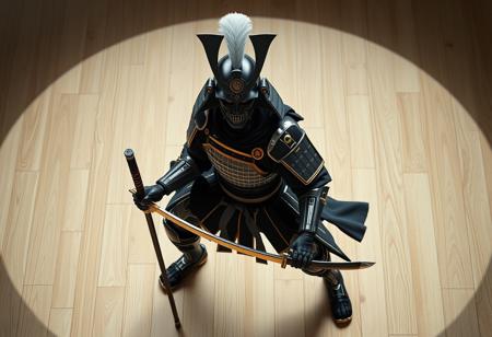 An oval portrait, cinematic photorealistic rendering via Octane Render and Unreal Engine 5: A cyborg samurai warrior, poised in a ready stance on a light-colored wooden floor. Full-body traditional black and gold accent armor covers the figure, a stark contrast. The black kabuto helmet features a distinctive white plume. A sword gleams subtly in the right hand, the left rests on a spear. Intense, captivating lighting creates sharp lines and shadows, highlighting the metallic and fabric textures. Focus is intentional on the samurai, framed perfectly within the oval. High-res, 4K, Exceptional Quality, More Detail, Lifelike Details, Super Detailed Face and Eyes and Clothes, Handcrafted with Precision, High Quality, Stunning Colors, Harmonious Colors, Multi Colored, Contemporary Aesthetics, Beautiful Matte Painting, Impeccable Composition, Creative Angle, Attractive Background, Balanced Editing, Well-timed Moment, Isometric view, Dynamic Action Pose, Vivid Emotions, Beautiful Detailed Eyes, CGSociety, Artstation Trending on ArtstationHQ, Golden Ratio. very detailed.