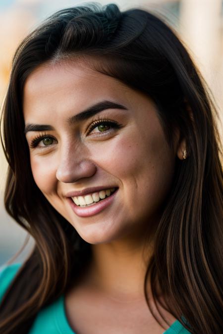 Realistic photo of a beautiful 4n4d34rm4s-v2 woman,  1girl, solo, long hair, looking at viewer, smile, makeup, simple background, brown hair, shirt, green eyes, upper body, teeth, mole, grin, lips, black shirt, portrait, realistic, nose, soft lighting, professional Photography, Photorealistic, detailed, RAW, analog, sharp focus, 8k, HD, DSLR, high quality, Fujifilm XT3, film grain, award winning, masterpiece<lora:4n4d34rm4s-v2:1.0>