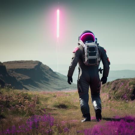 neon-ground-astronaut scifi style,a human male man figure in astronaut suit in field,helmet glowing pink, dynamic lighting, atmosphere  lighting, hyper detail features, ray tracing, high flare, 3D, cinematic lighting, dark shadows, unrealistic Engine 5 rendering, hyper detail,trending on artstation, 4k,extremely high details, ultra hd, hdr, 8k, extremely high details