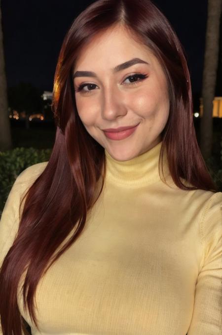 Photo of beautiful d14n4z4mbr0zu5k1 woman smile, detailed face, yellow turtleneck blouse, makeup, in an event at night