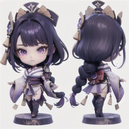 doll, raiden shogun, 1girl, long hair, japanese clothes, purple eyes, kimono, hair ornament, braid, sash, thighhighs, purple hair, chibi, obi, bangs, breasts, white background, armor, simple background, mole, looking at viewer, wide sleeves, front and back, shoulder armor, mole under eye, long sleeves, obiage, obijime, multiple views, very long hair, blunt bangs, standing, petals, closed mouth, purple kimono, gloves, bridal gauntlets, black gloves, faux figurine, single braid, full body, vision \(genshin impact\), blush, tassel, from behind, braided ponytail, ribbon, base, tomoe \(symbol\), mitsudomoe \(shape\), makeup <lora:raiden_shogun-doll1.5v1-000002:1>