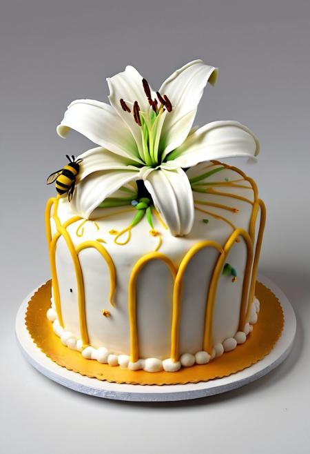 Create a photorealistic 3d image of a cake beautifully decorated with lily flowers and a bee in the center all done in icing
