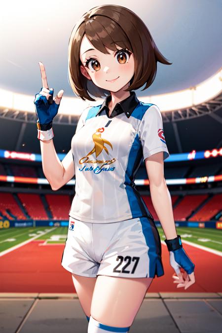 masterpiece, best quality, highres, gloria2, 1girl, solo, brown eyes, brown hair, single glove, gloria \(pokemon\), bangs, collared shirt, white socks, white shorts, short hair, partially fingerless gloves, short shorts, kneehighs, striped shirt, bob cut, print shirt, vertical stripes, eyelashes, <lora:gloria_(pokemon)_v1:0.6>, cowboy shot, stadium, smile