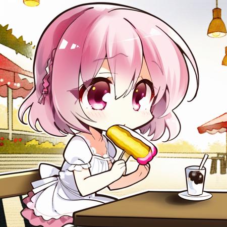 (masterpieces, best quality, illustration, extremely detailed CG wallpaper, ultra-detailed) , (beautiful detailed eyes), 1girl with pink hair and red eyes eating a long white popsicle, solo focus , white sundress, white sandals, detached sleeves, Parisian caf, daytime, sunlight, chibi <lora:komowata_haruka_counterfeitxlb_1-05:1>