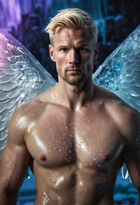 upper body photo of a handsome 35 y.o Scandinavian man, wings of translucent ice on back, looking at the camera, strong manly muscular man, short blonde hair, wet skin, powerful cinematic shot, dramatic lighting, aurora borealis, high quality