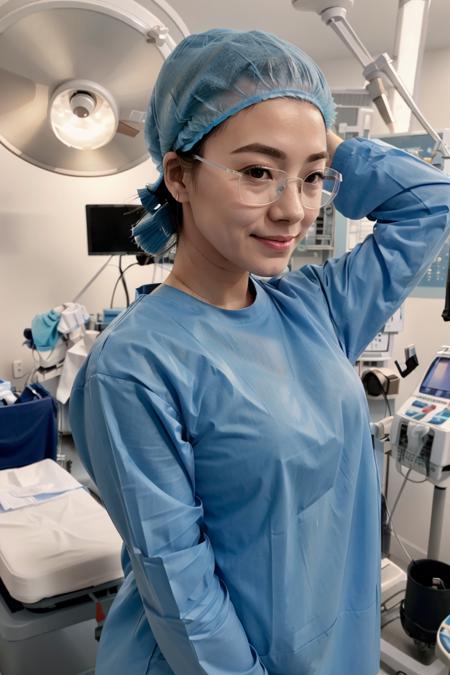 (RAW photo, best quality), operating room, overhead surgical light,blurred background, focused, dithering,backlighting,upper body,
<lora:Aya Miiko_3dCG_V3.0:0.4> (aya miiko, 3dcg03, 1girl, solo, redeyes, blue hair,glasses),
 <lora:concept_surgery_pose_tie_up_mask_v1_1:0.8> two hands before head, tie_up_mask,surgical outfit, surgical mask, long sleeves,surgical outfit, long sleeves,surgical cap