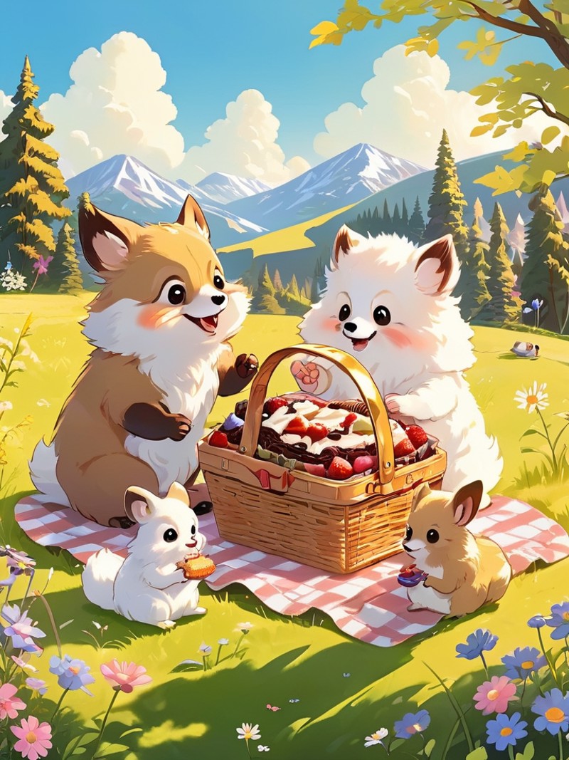 A charming illustration of a group of tiny, fluffy animals having a picnic in a sunlit meadow, surrounded by wildflowers a...