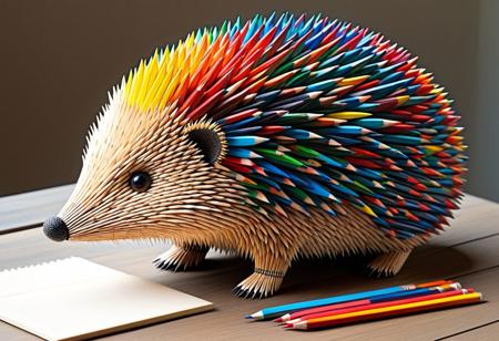 "A whimsical hedgehog sculpted entirely from wooden pencils, with its quills replaced by sharpened, multicolored pencils in shades of red, blue, yellow, and green. The hedgehog's body is formed from intricately arranged wood and graphite, seamlessly blending organic and artistic elements. Its small eyes are glossy black beads, and its tiny snout is carved from smooth, polished graphite. The pencils fan out naturally, mimicking the way a hedgehog’s quills stand up when alert. The scene is set on a cozy artist’s desk, surrounded by scattered sketchbooks, erasers, and shavings from freshly sharpened pencils. The art style is hyper-realistic with a slight touch of fantasy, featuring soft, natural lighting that enhances the warm tones of the wood and the vibrancy of the colored pencil quills. A close-up perspective captures the intricate textures, from the fine grain of the wood to the delicate graphite tips. Pencil_morph_style