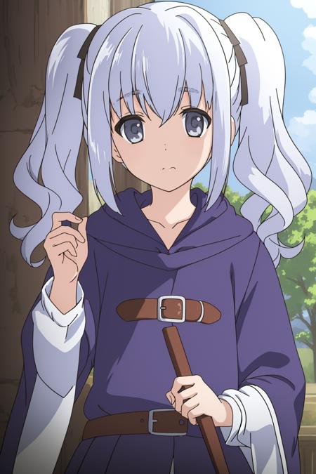 ((masterpiece)), (( best quality)), 1girl, solo, twintails, grey eyes, white hair, dress, hood, open mouse, looking at viewer, dress, upper body,<lora:NephrenV2:0.7>,