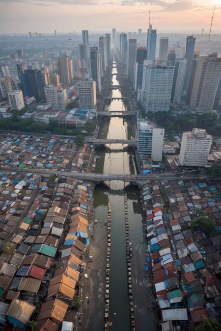 from above, slumparea full of trash at jakarta, trash can, garbage, trash, plastic bag, dirty, slum city, poverty,  dim light, epic, cityscape, dawn, clear sky, tree, railroad, cable, dramatic, river,