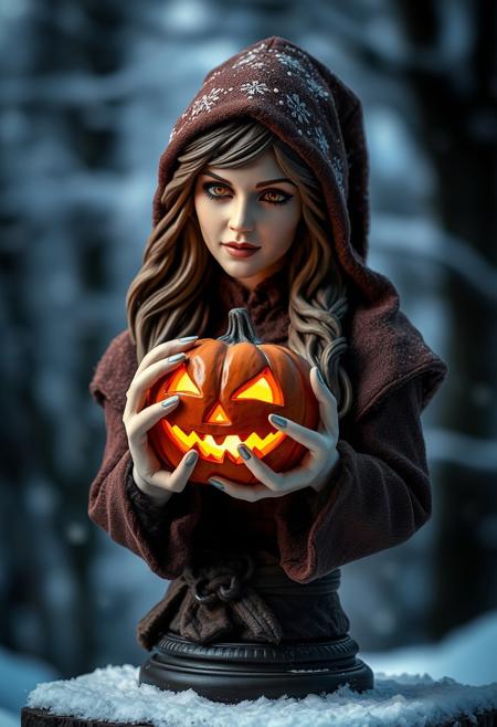 Against a blurred background of snow, a bust of Selena in a brown hobbit costume, holding a jack-o '-lantern in her hands, close to her face, emitting an evil glow from inside,