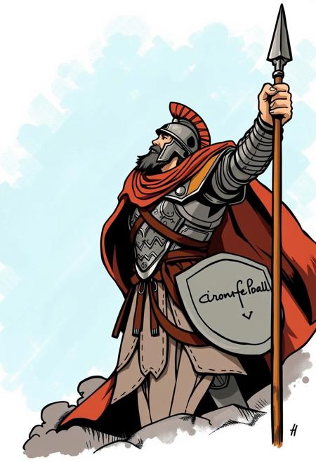 The image is a illustration depicting a man in a helmet and armor, pointing towards the sky while holding a spear.
Medieval style, random background