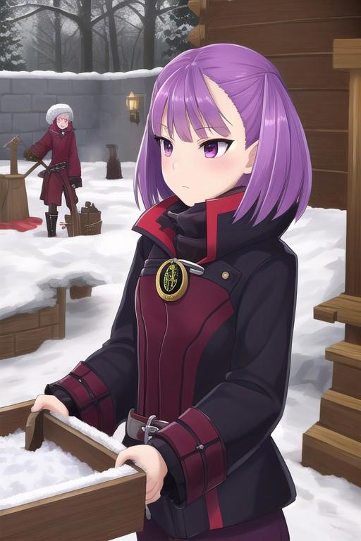 helena blavatsky, purple hair, short hair, (purple eyes:1.1),
winter clothes, snow, blacksmith, smith, hammer, forge, forging, smithing