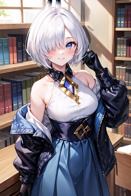 <lora:add_detail:0.5>,masterpiece,best quality,highres,library,looking at viewer,<lora:Bethel-05:1>,asbethel,white hair,short hair,hair over one eye,horns,blush,light smile,white shirt,sleeveless shirt,collared shirt,blue jacket,off shoulder,puffy sleeves,high-waist skirt,blue skirt,black gloves,