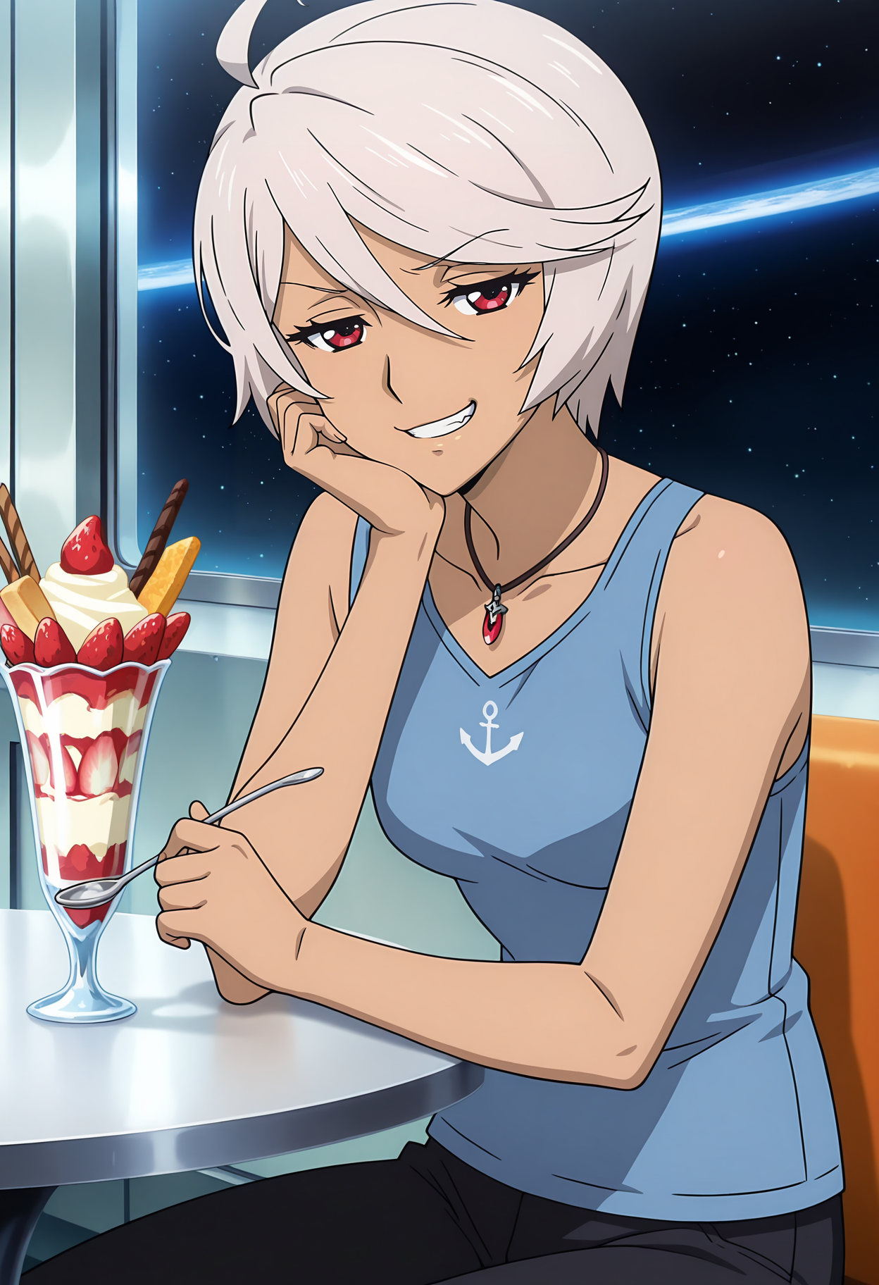 A woman with short, silver hair and red eyes, seated at a round table in a modern café. She is smiling with one hand resting on her cheek, holding a spoon in the other. She wears a sleeveless light blue tank top with an anchor symbol on it and black pants. She is seated in front of a large window that shows a starry sky outside, with a table in front of her holding a tall dessert glass filled with layered parfait. 