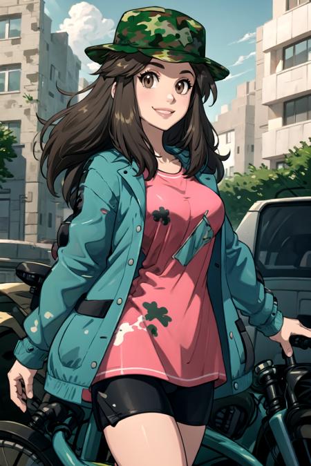 <lora:LeafSyg:0.7>, lf, pink shirt, oversized shirt, green jacket, smile, small breasts, brown eyes, bike shorts, camouflage hat,