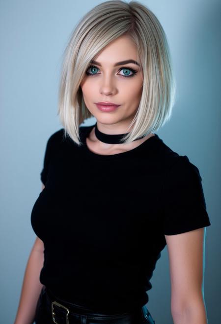 woman, blonde bobcut hair, parted half hair, green and blue eyes, eyeliner, gothic, wearing black t-shirt and black hotpants,