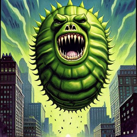 a giant dill pickle rampaging through a city, horror stories, cover art, illustration   <lora:sd-pulp-1-1-lora:1>, sd-pulp, horror stories, cover art, illustration