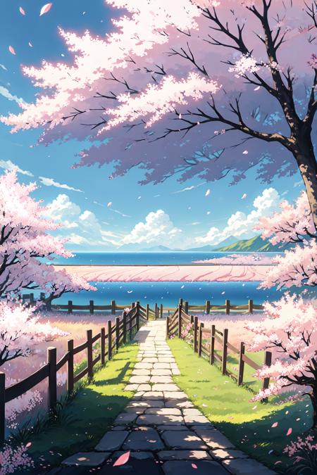 Wallpaper Fusion,  cherry blossoms,  day,  fence,  grass,  no humans,  ocean,  outdoors,  path,  petals,  scenery,  shadow,  sky,  tree,  water, <lora:EMS-49411-EMS:1.000000>