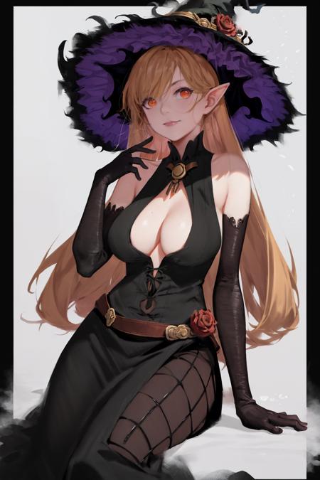 ((best quality, high resolution, distinct image)), (delicate illustration), 4k,1girl, breasts, solo, long hair, hat, blonde hair, flower, witch hat, sitting, very long hair, pointy ears, large breasts, rose, pumpkin, jack-o'-lantern, looking at viewer, underboob, bare shoulders, gloves, bridal gauntlets, dress, holding, full body, red flower, red eyes, fur trim, black gloves, skirt,halloween background, underboob cutout, black dress, bangs, halloween, detached sleeves, long skirt, black skirt, hair between eyes, smile, long dress, fingerless gloves, closed mouth, witch, red rose, frills, clothing cutout, orange bow, elbow gloves, hair ornament, bow, vines,<lora:SilvermoonMix04_2:1>