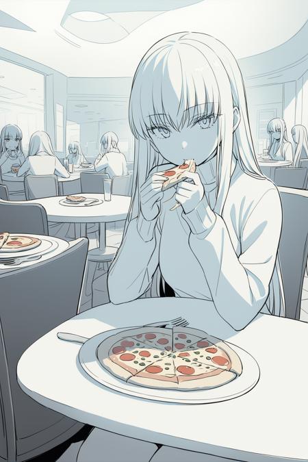 <lora:AnimeOriginalArtStyleShadow2_SDXL-000100:0.7:lbw=sdxloutall>oamhfs, simple background,monochrome,blue theme, 1girl, c.c., code geass, white shirt, long sleeves, turtleneck, sitting, looking at viewer, eating, pizza, plate, fork, knife, table, chair, table, restaurant, cinematic angle,, masterpiece,best quality,